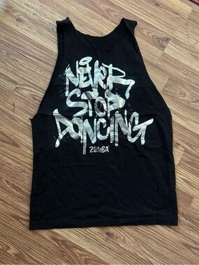 Zumba Black Tank with Metallic Silver "Never Stop Dancing" Graphic